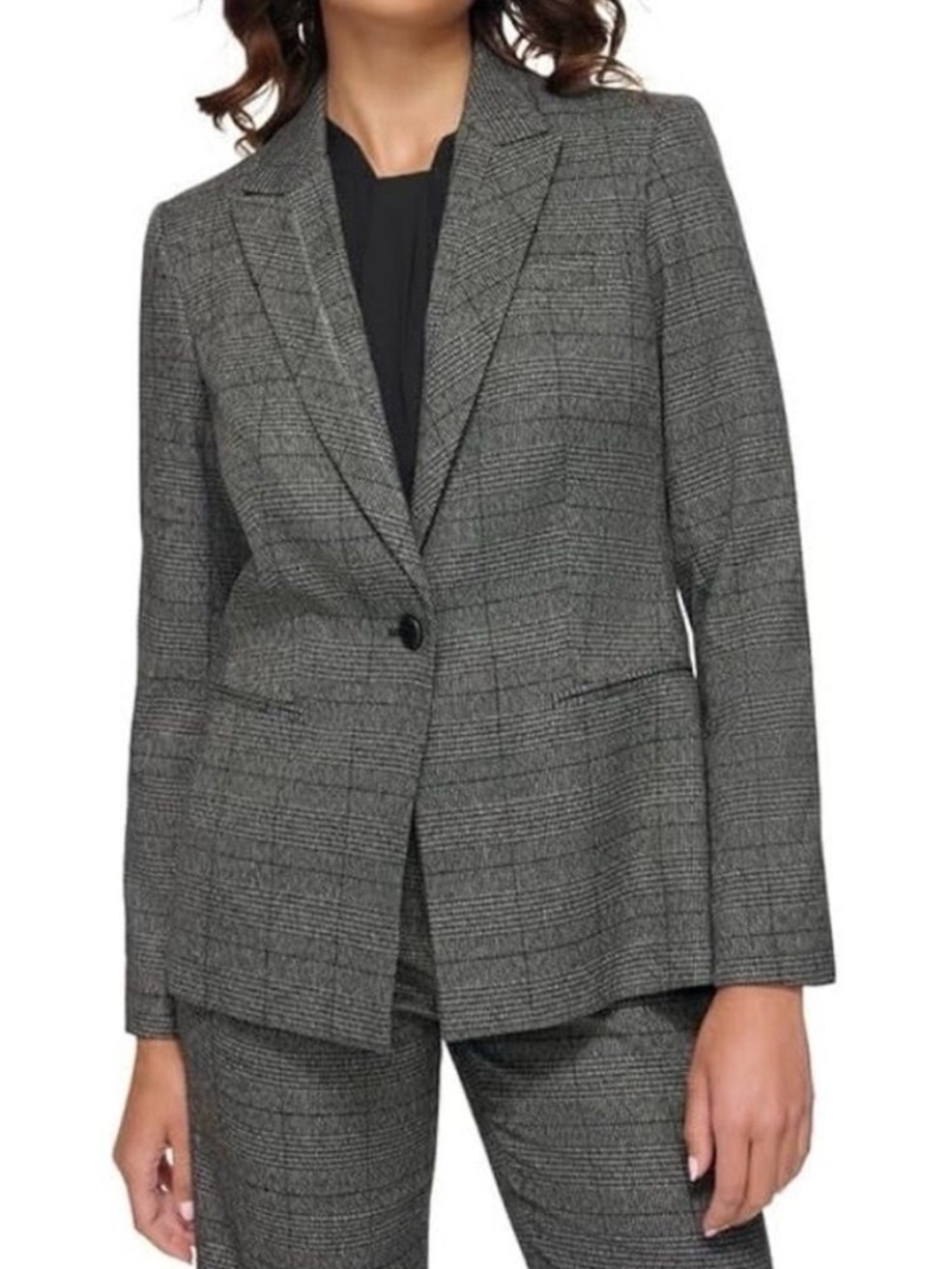 Calvin Klein Plaid Single Button Blazer Jacket Gray Black Classic Academia Sz 6